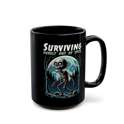 Black mug of a skeleton skinwalker in a dark forest with text above SURVIVING PURELY OUT OF SPITE.