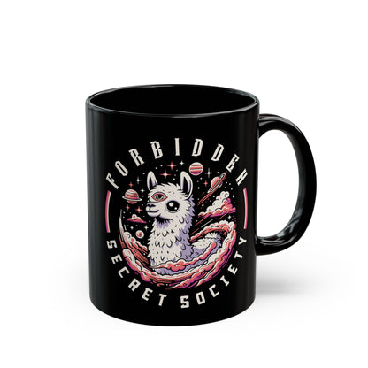 Black mug of an Illuminati llama with a third eye with text FORBIDDEN SECRET SOCIETY.