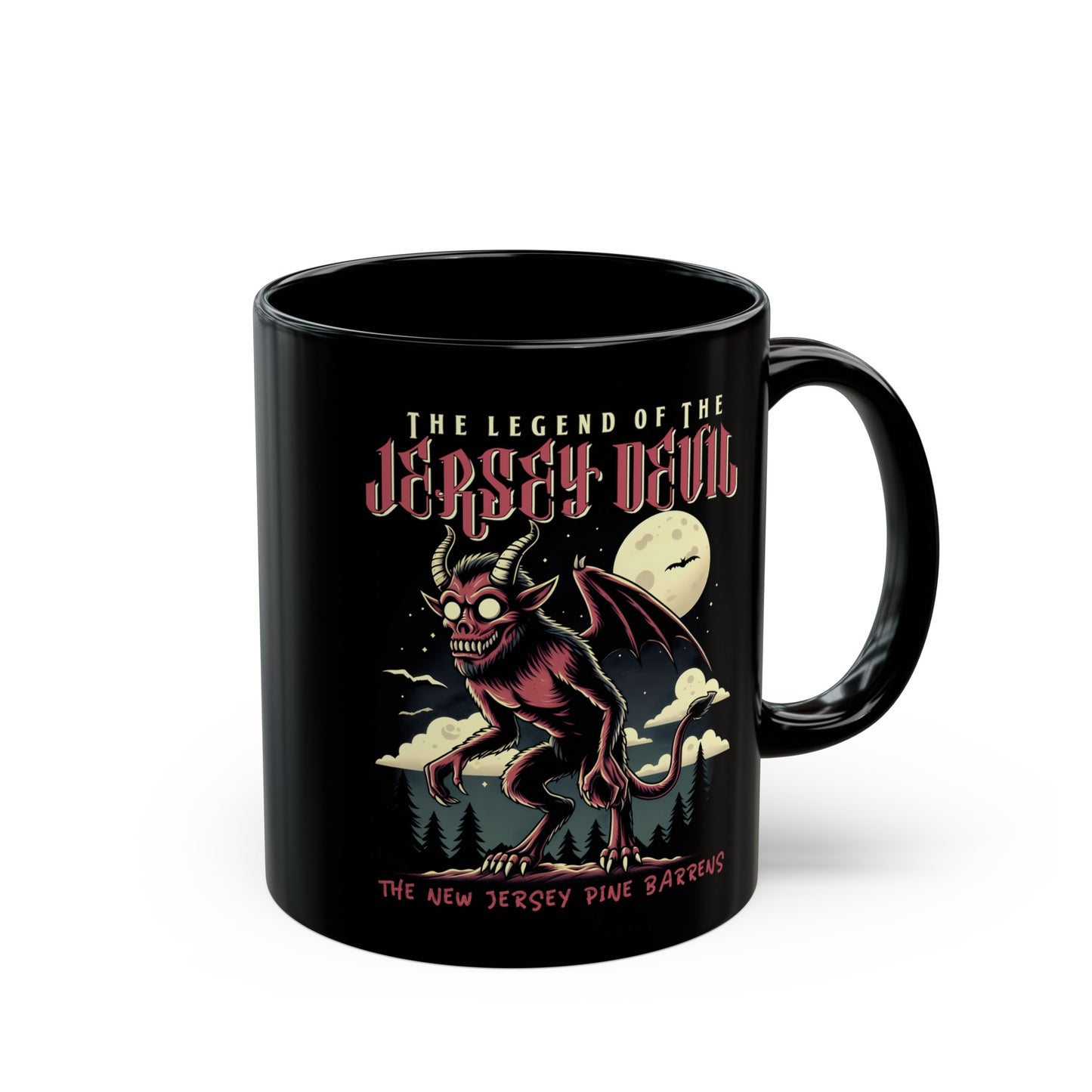 Black mug of the Jersey Devil with text above THE LEGEND OF THE JERSEY DEVIL and text below THE NEW JERSEY PINE BARRENS.