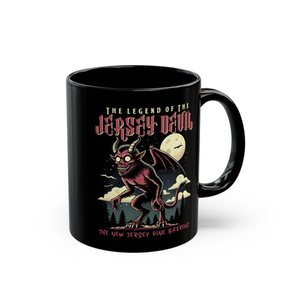 Black mug of the Jersey Devil with text above THE LEGEND OF THE JERSEY DEVIL and text below THE NEW JERSEY PINE BARRENS.