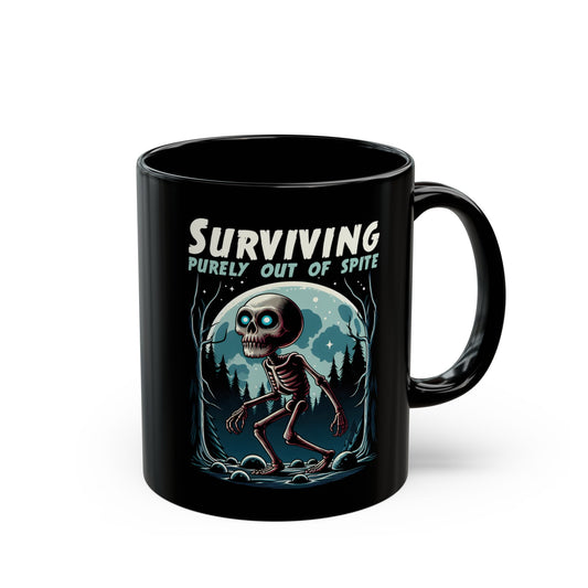 Black mug of a skeleton skinwalker in a dark forest with text above SURVIVING PURELY OUT OF SPITE.