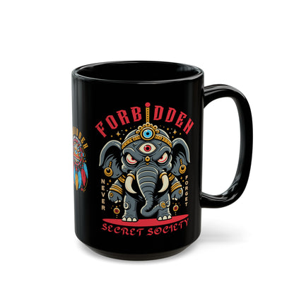 Black mug of an Illuminati elephant with a third eye with text FORBIDDEN SECRET SOCIETY.