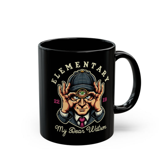 Black mug of Sherlock Holmes with a third eye and text ELEMENTARY MY DEAR WATSON.