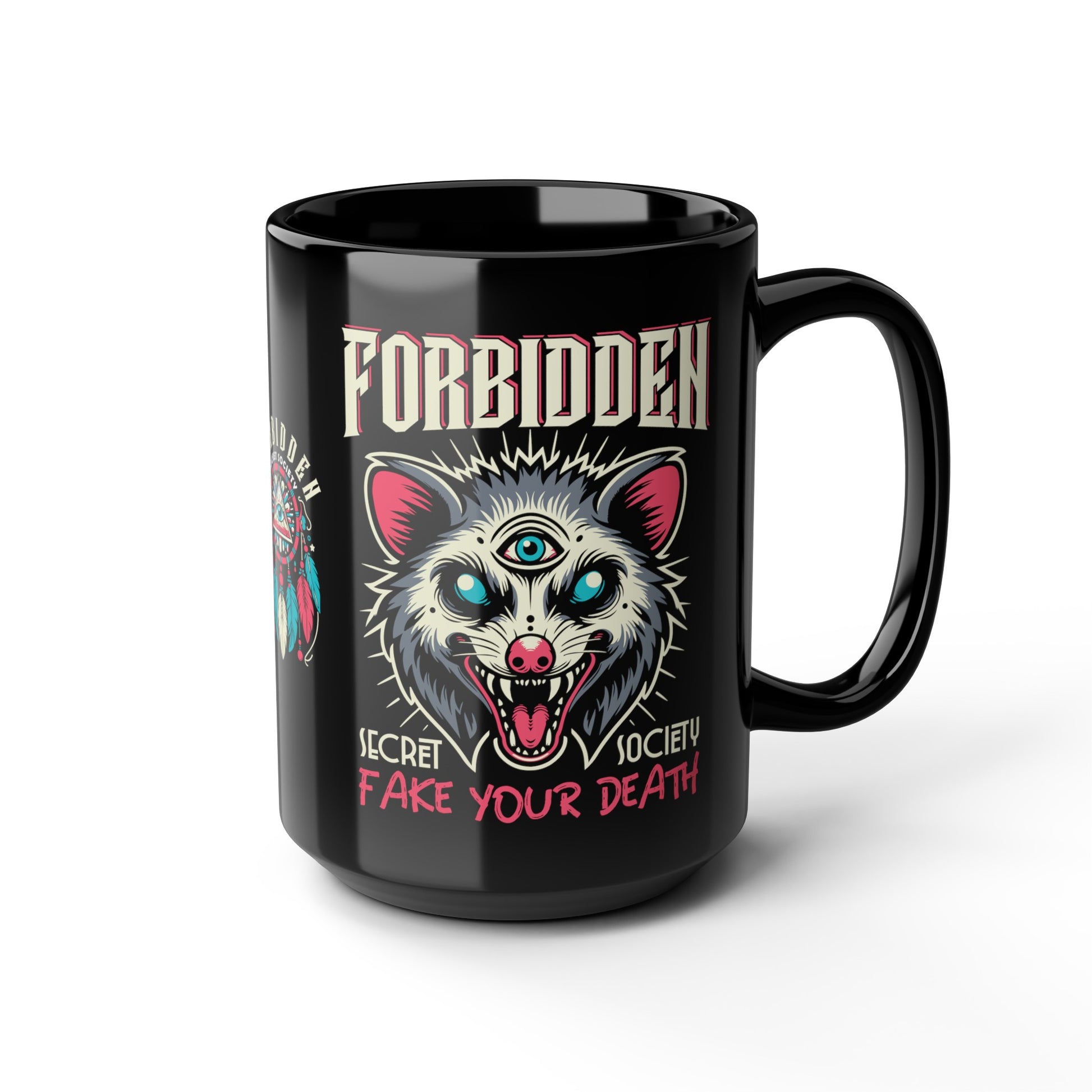 Black mug of an Illuminati possum with a third eye with text FORBIDDEN SECRET SOCIETY.