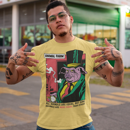 "Embrace George Orwell's timeless allegory with this captivating Animal Farm T-shirt featuring a clever design of a pig adorned with the iconic quote: 'ALL ANIMALS ARE EQUAL BUT SOME ARE MORE EQUAL THAN OTHERS.' This thought-provoking shirt encapsulates the powerful message of Orwell's classic work, reminding us of the dangers of inequality and the manipulation of language.