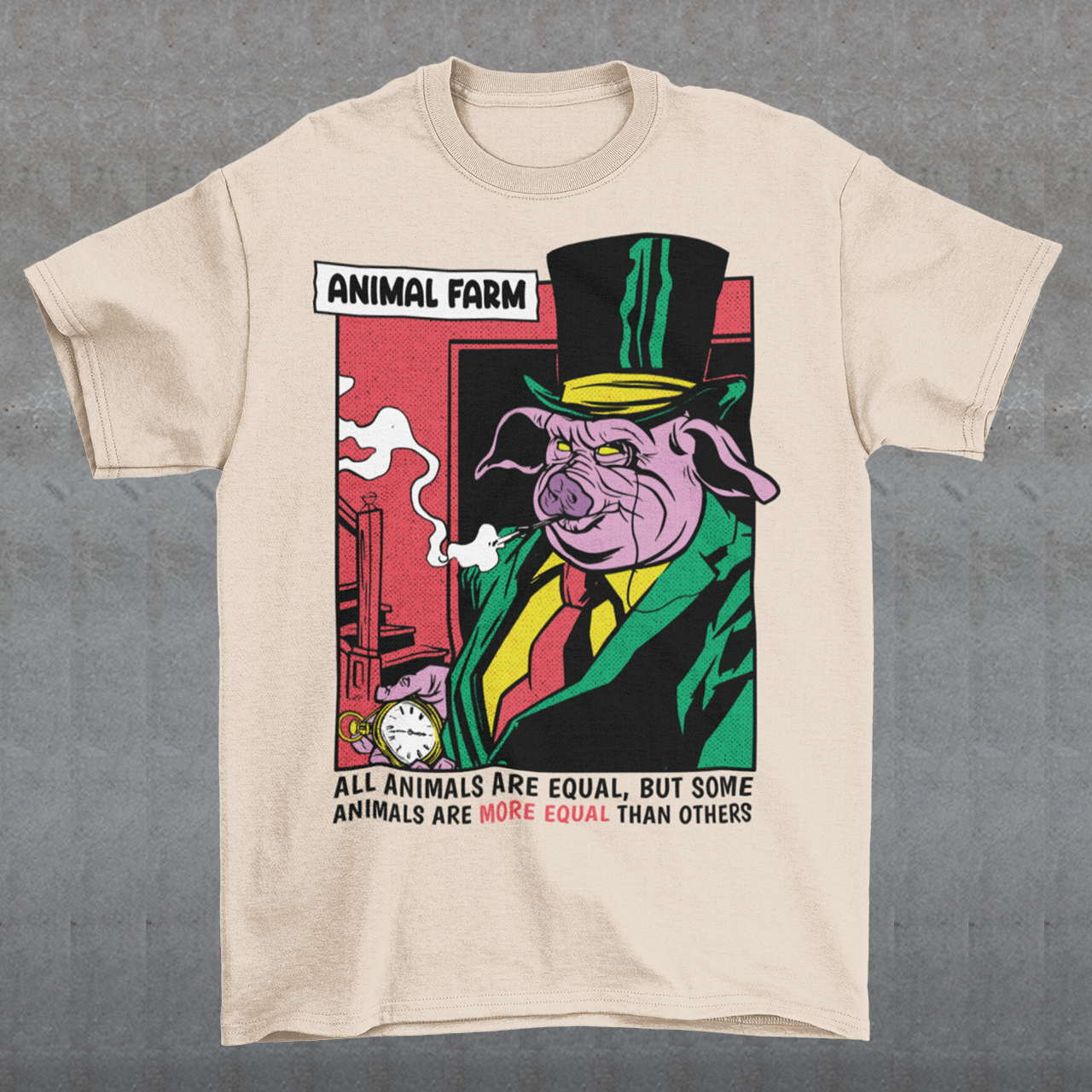 "Embrace George Orwell's timeless allegory with this captivating Animal Farm T-shirt featuring a clever design of a pig adorned with the iconic quote: 'ALL ANIMALS ARE EQUAL BUT SOME ARE MORE EQUAL THAN OTHERS.' This thought-provoking shirt encapsulates the powerful message of Orwell's classic work, reminding us of the dangers of inequality and the manipulation of language.