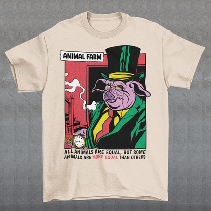 "Embrace George Orwell's timeless allegory with this captivating Animal Farm T-shirt featuring a clever design of a pig adorned with the iconic quote: 'ALL ANIMALS ARE EQUAL BUT SOME ARE MORE EQUAL THAN OTHERS.' This thought-provoking shirt encapsulates the powerful message of Orwell's classic work, reminding us of the dangers of inequality and the manipulation of language.