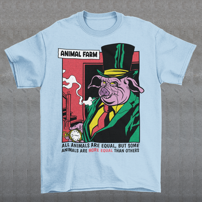 "Embrace George Orwell's timeless allegory with this captivating Animal Farm T-shirt featuring a clever design of a pig adorned with the iconic quote: 'ALL ANIMALS ARE EQUAL BUT SOME ARE MORE EQUAL THAN OTHERS.' This thought-provoking shirt encapsulates the powerful message of Orwell's classic work, reminding us of the dangers of inequality and the manipulation of language.