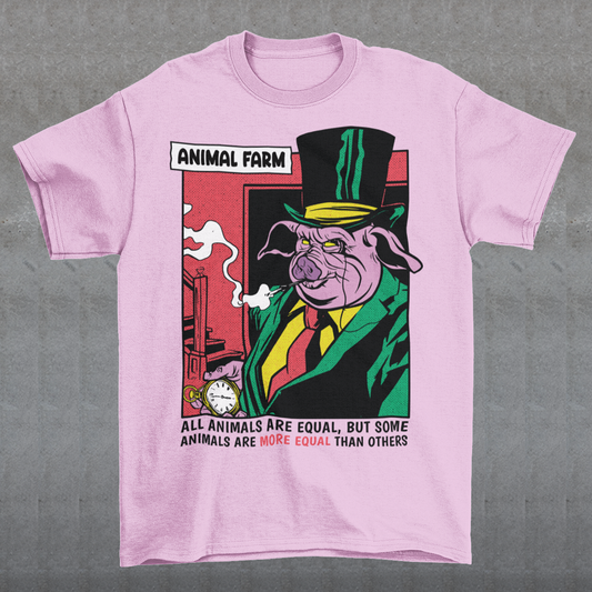 "Embrace George Orwell's timeless allegory with this captivating Animal Farm T-shirt featuring a clever design of a pig adorned with the iconic quote: 'ALL ANIMALS ARE EQUAL BUT SOME ARE MORE EQUAL THAN OTHERS.' This thought-provoking shirt encapsulates the powerful message of Orwell's classic work, reminding us of the dangers of inequality and the manipulation of language.