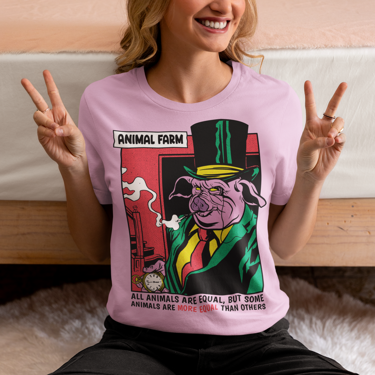 "Embrace George Orwell's timeless allegory with this captivating Animal Farm T-shirt featuring a clever design of a pig adorned with the iconic quote: 'ALL ANIMALS ARE EQUAL BUT SOME ARE MORE EQUAL THAN OTHERS.' This thought-provoking shirt encapsulates the powerful message of Orwell's classic work, reminding us of the dangers of inequality and the manipulation of language.