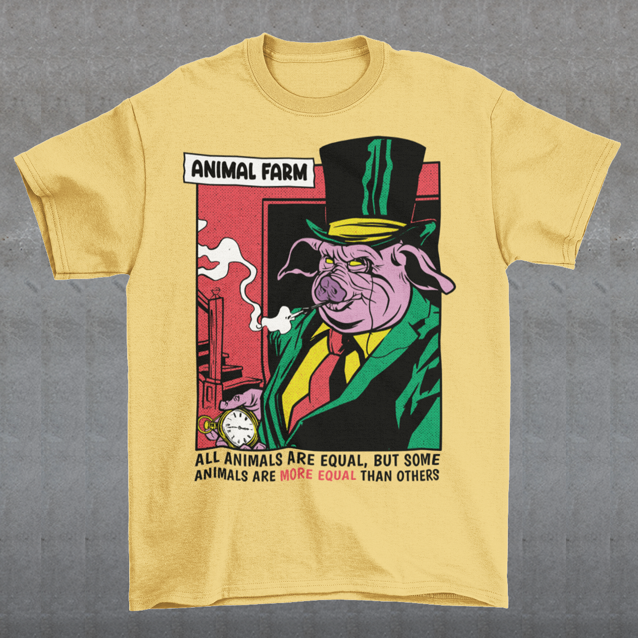 "Embrace George Orwell's timeless allegory with this captivating Animal Farm T-shirt featuring a clever design of a pig adorned with the iconic quote: 'ALL ANIMALS ARE EQUAL BUT SOME ARE MORE EQUAL THAN OTHERS.' This thought-provoking shirt encapsulates the powerful message of Orwell's classic work, reminding us of the dangers of inequality and the manipulation of language.