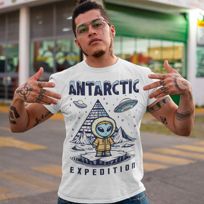 Embark on a journey to the edge of the unknown with this captivating t-shirt design. At its center stands an enigmatic Alien, clad in a weathered jacket, standing against the icy backdrop of Antarctica. The alien's presence hints at a deeper connection to the mysteries of the frozen continent. Behind the extraterrestrial figure looms a shadowy pyramid, its ancient silhouette shrouded in intrigue and secrets waiting to be unearthed.