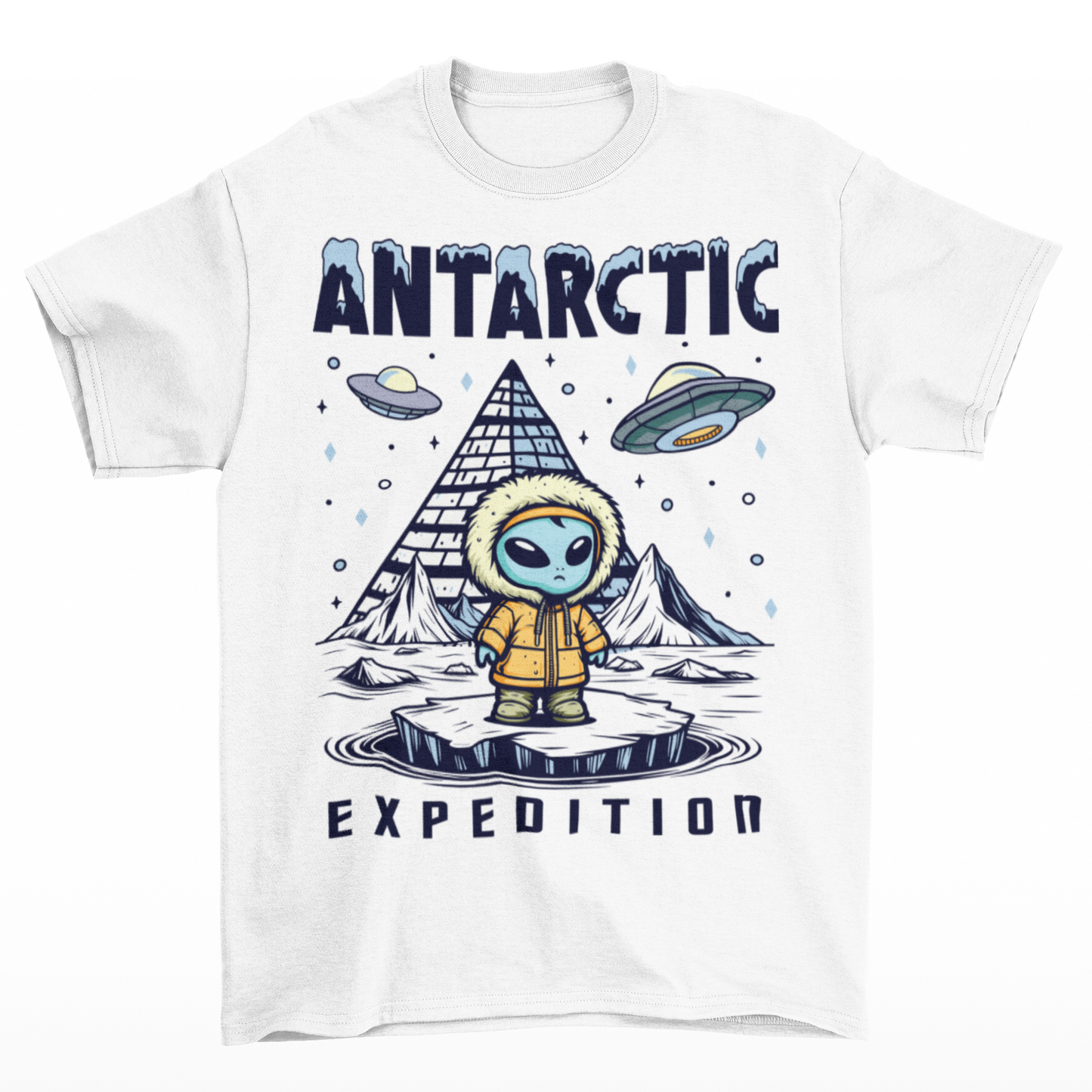 White t-shirt of an Alien wearing a jacket in Antarctica with a pyramid in the background and UFOs in the sky with text ANTARCTIC EXPEDITION.