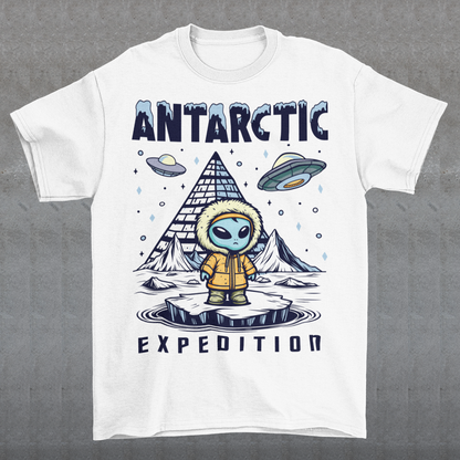 Embark on a journey to the edge of the unknown with this captivating t-shirt design. At its center stands an enigmatic Alien, clad in a weathered jacket, standing against the icy backdrop of Antarctica. The alien's presence hints at a deeper connection to the mysteries of the frozen continent. Behind the extraterrestrial figure looms a shadowy pyramid, its ancient silhouette shrouded in intrigue and secrets waiting to be unearthed.