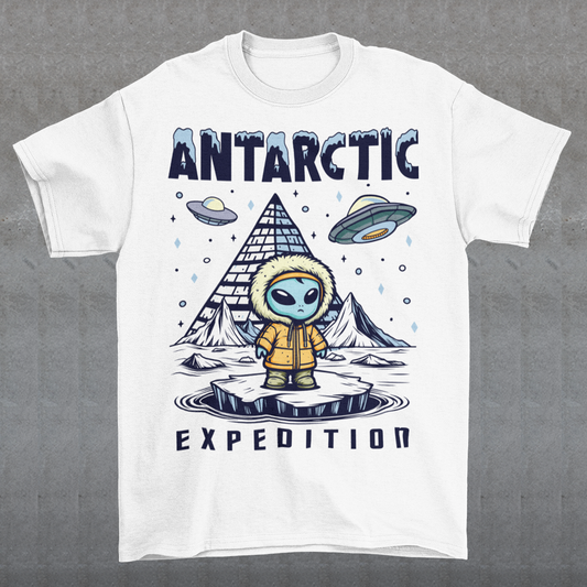 Embark on a journey to the edge of the unknown with this captivating t-shirt design. At its center stands an enigmatic Alien, clad in a weathered jacket, standing against the icy backdrop of Antarctica. The alien's presence hints at a deeper connection to the mysteries of the frozen continent. Behind the extraterrestrial figure looms a shadowy pyramid, its ancient silhouette shrouded in intrigue and secrets waiting to be unearthed.
