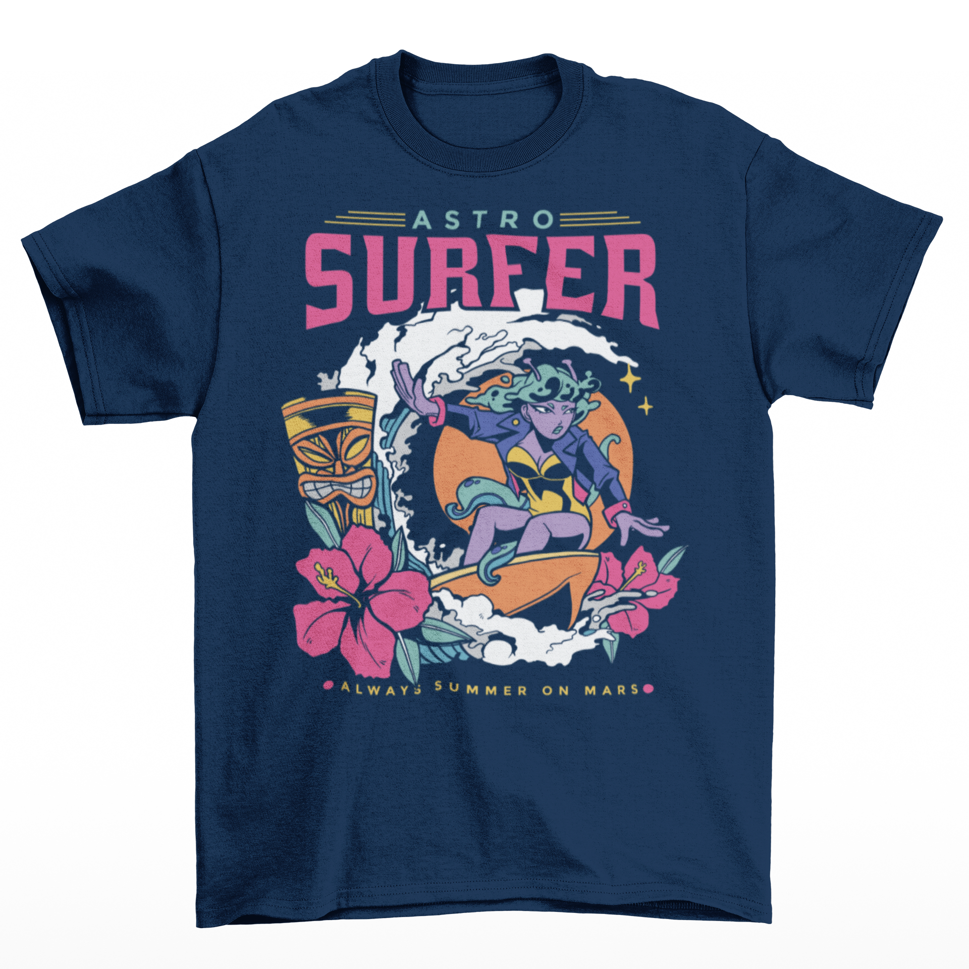 Navy t-shirt of a female alien surfing on Mars with tiki and flowers and text above ASTRO SURFER. And text below ALWAYS SUMMER ON MARS.