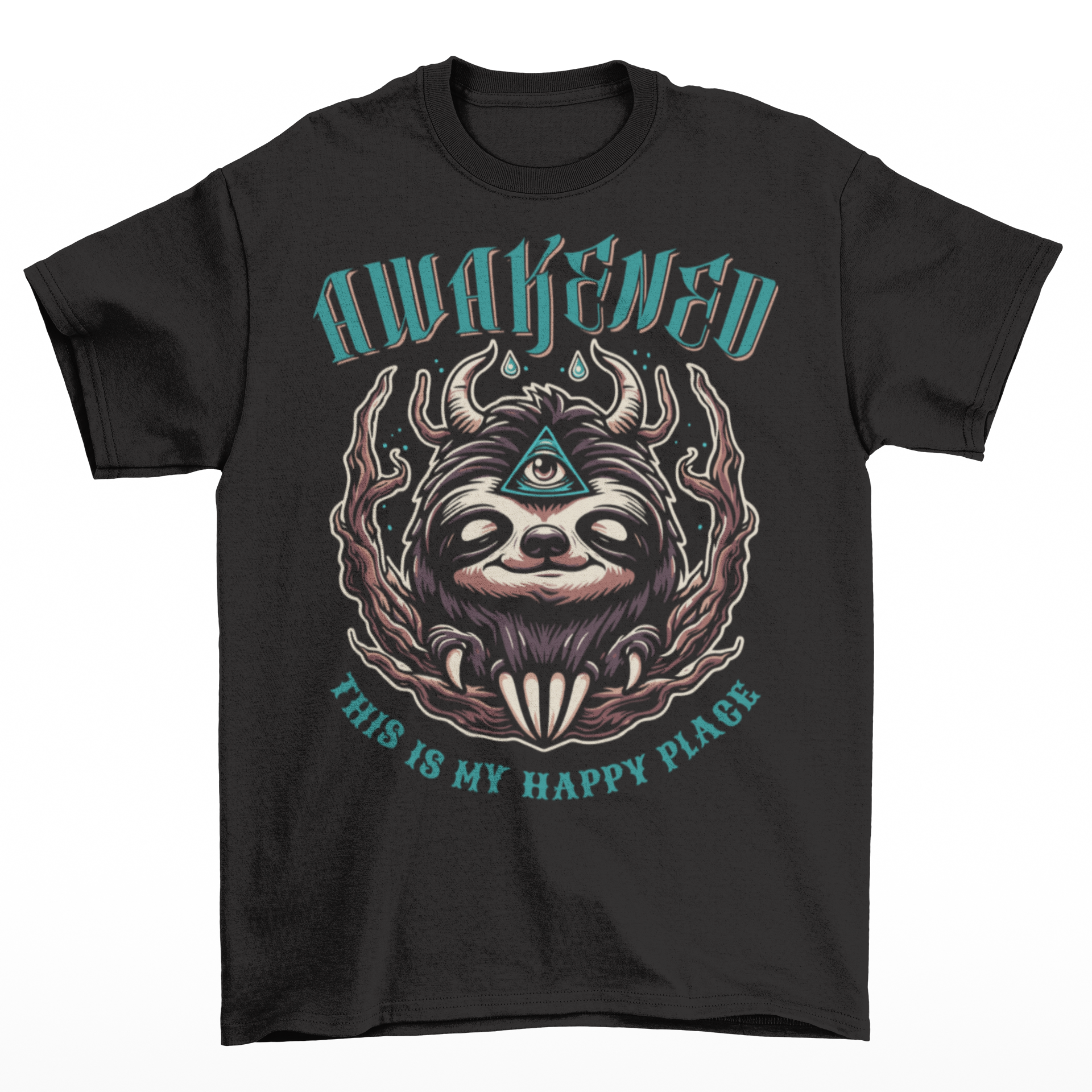 Black t-shirt of a sloth with a third eye with text above AWAKENED and text below THIS IS MY HAPPY PLACE.