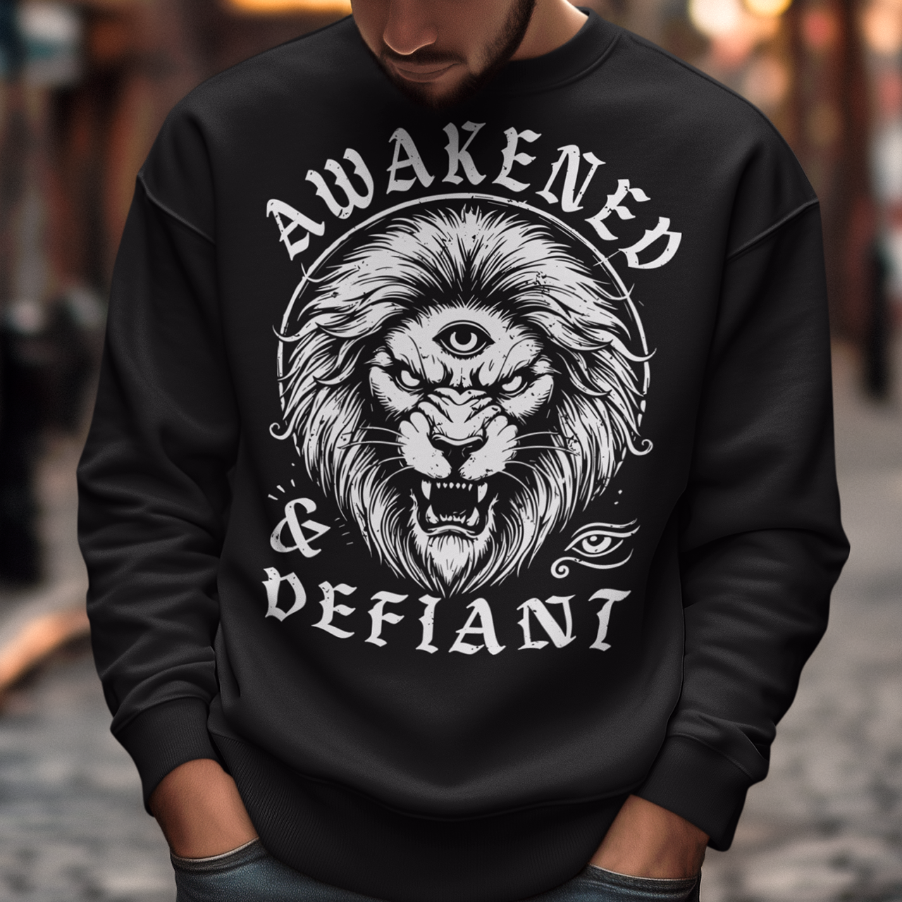 Unleash your inner power with this bold and striking sweatshirt featuring a fierce lion with a mystical third eye, symbolizing heightened awareness and untamed strength. The detailed artwork showcases the lion’s intense gaze, radiating wisdom and defiance, while the text "AWAKENED and DEFIANT" amplifies the message of resilience and enlightenment. This sweatshirt is perfect for those who stand fearless, awakened, and unapologetically themselves. Wear it and embrace the spirit of the untamed.