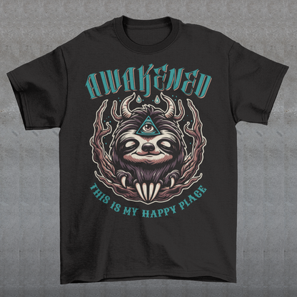 This captivating t-shirt features a serene sloth adorned with a mystical third eye in the center of its forehead, symbolizing enlightenment and inner wisdom. Positioned above the sloth, bold lettering reads "AWAKENED," emphasizing the theme of spiritual awakening and awareness. Below the sloth, the phrase "THIS IS MY HAPPY PLACE" is elegantly displayed, conveying a sense of contentment and tranquility in embracing one's inner self.