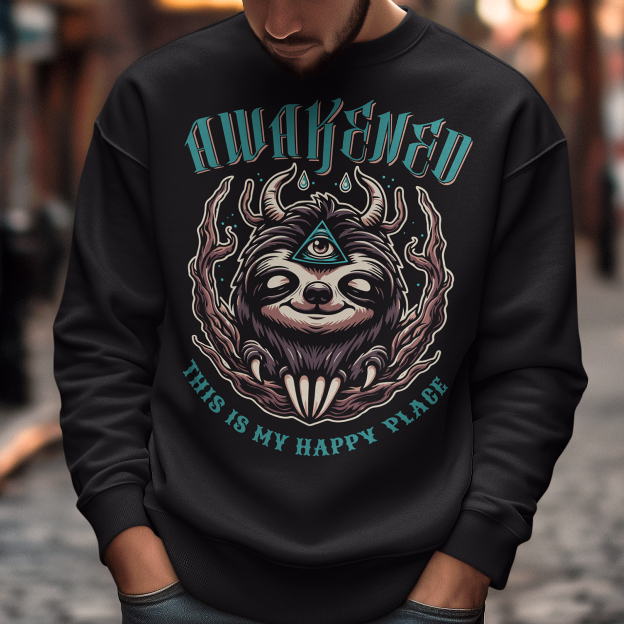 This captivating sweatshirt features a serene sloth adorned with a mystical third eye in the center of its forehead, symbolizing enlightenment and inner wisdom. Positioned above the sloth, bold lettering reads "AWAKENED," emphasizing the theme of spiritual awakening and awareness. Below the sloth, the phrase "THIS IS MY HAPPY PLACE" is elegantly displayed, conveying a sense of contentment and tranquility in embracing one's inner self.