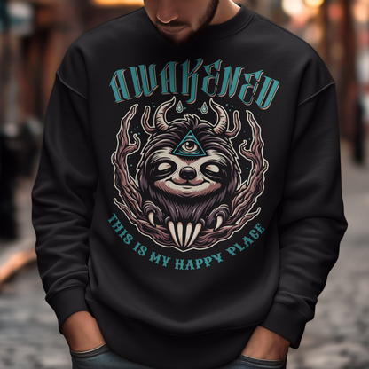 This captivating sweatshirt features a serene sloth adorned with a mystical third eye in the center of its forehead, symbolizing enlightenment and inner wisdom. Positioned above the sloth, bold lettering reads "AWAKENED," emphasizing the theme of spiritual awakening and awareness. Below the sloth, the phrase "THIS IS MY HAPPY PLACE" is elegantly displayed, conveying a sense of contentment and tranquility in embracing one's inner self.