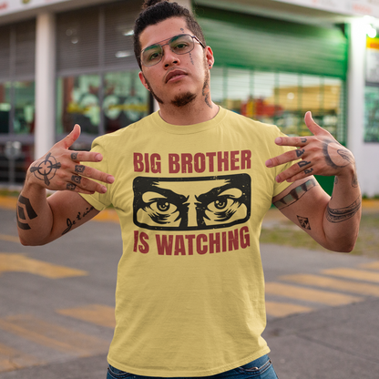 Introducing our captivating t-shirt, featuring a mesmerizing design that will capture attention wherever you go. This unique t-shirt showcases a pair of piercing eyes, seemingly observing your every move, accompanied by the thought-provoking text: "BIG BROTHER IS WATCHING YOU."