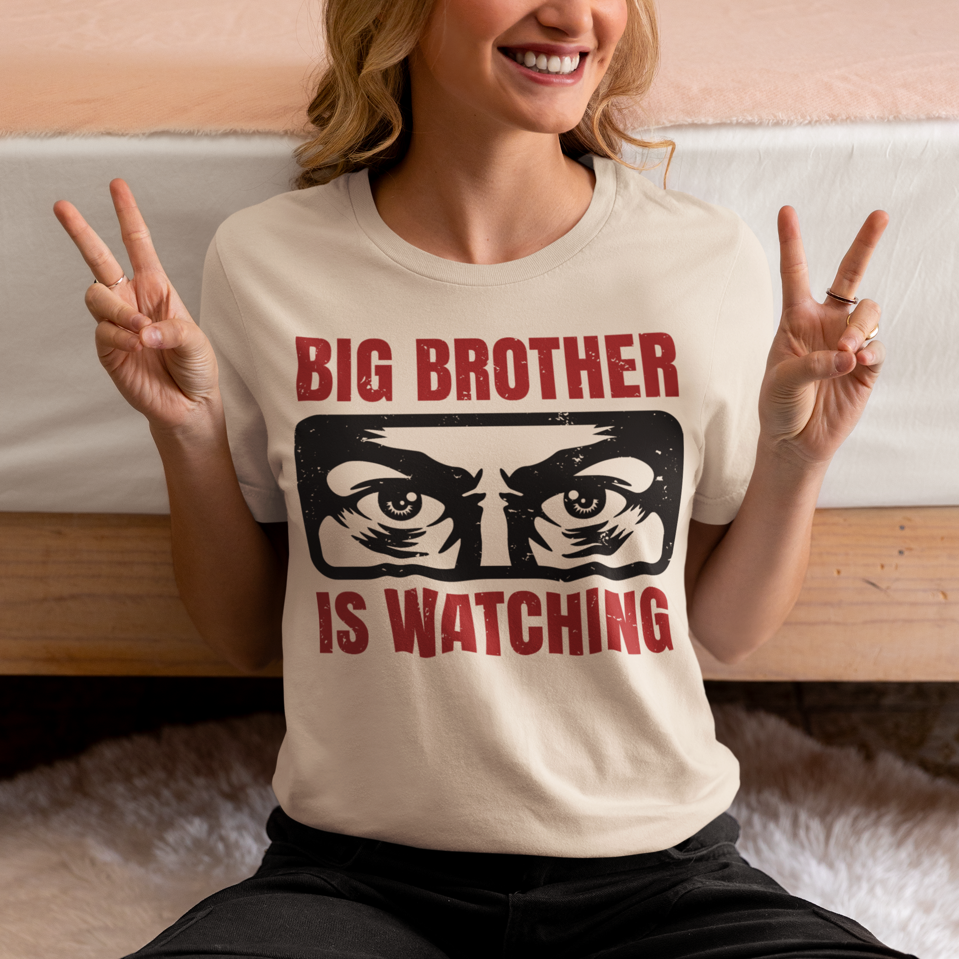 Introducing our captivating t-shirt, featuring a mesmerizing design that will capture attention wherever you go. This unique t-shirt showcases a pair of piercing eyes, seemingly observing your every move, accompanied by the thought-provoking text: "BIG BROTHER IS WATCHING YOU."