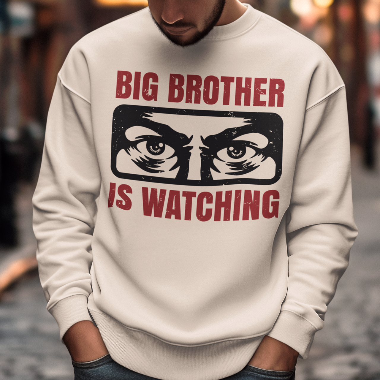 Introducing our captivating sweatshirt, featuring a mesmerizing design that will capture attention wherever you go. This unique sweatshirt showcases a pair of piercing eyes, seemingly observing your every move, accompanied by the thought-provoking text: "BIG BROTHER IS WATCHING YOU."