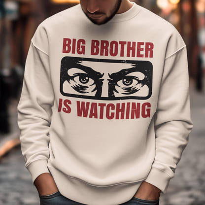 Introducing our captivating sweatshirt, featuring a mesmerizing design that will capture attention wherever you go. This unique sweatshirt showcases a pair of piercing eyes, seemingly observing your every move, accompanied by the thought-provoking text: "BIG BROTHER IS WATCHING YOU."