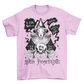 Pink t-shirt of hand drawn fortune teller with speechbubbles that read "I CAN SEE CLEARLY YOU'RE AN IDIOT". Text underneath says "BAD FORTUNE".