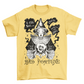 Yellow t-shirt of hand drawn fortune teller with speechbubbles that read "I CAN SEE CLEARLY YOU'RE AN IDIOT". Text underneath says "BAD FORTUNE".