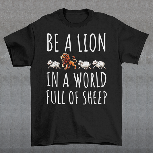 Unleash your inner strength and stand out from the crowd with our bold and inspiring t-shirt. Featuring a powerful graphic of a majestic lion confidently leading three sheep, this design embodies courage and individuality. The striking text "BE A LION IN A WORLD FULL OF SHEEP" serves as a motivational mantra, encouraging you to embrace your uniqueness and lead with confidence.