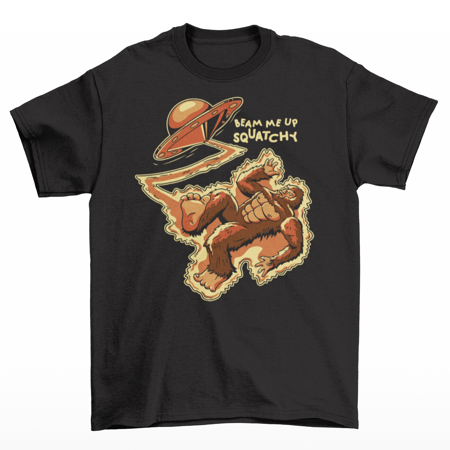 Black t-shirt featuring a Sasquatch being abducted by a UFO with text "BEAM ME UP SQUATCHY".