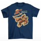 Navy t-shirt featuring a Sasquatch being abducted by a UFO with text "BEAM ME UP SQUATCHY".