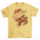 Yellow t-shirt featuring a Sasquatch being abducted by a UFO  with text  "BEAM ME UP SQUATCHY".