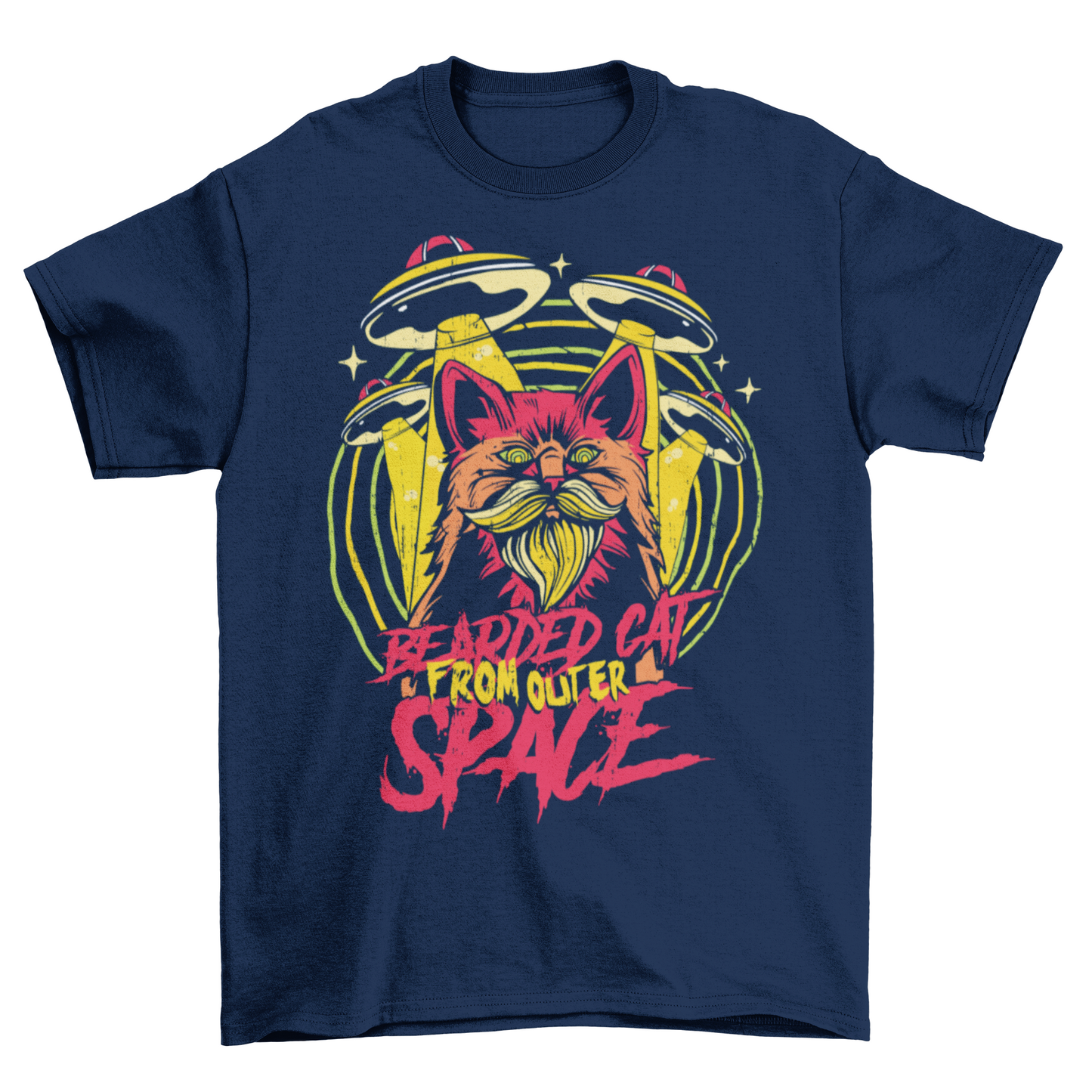 Navy t-shirt with a bearded cat in outer space with UFO's with text "BEARDED CAT FROM OUTER SPACE".