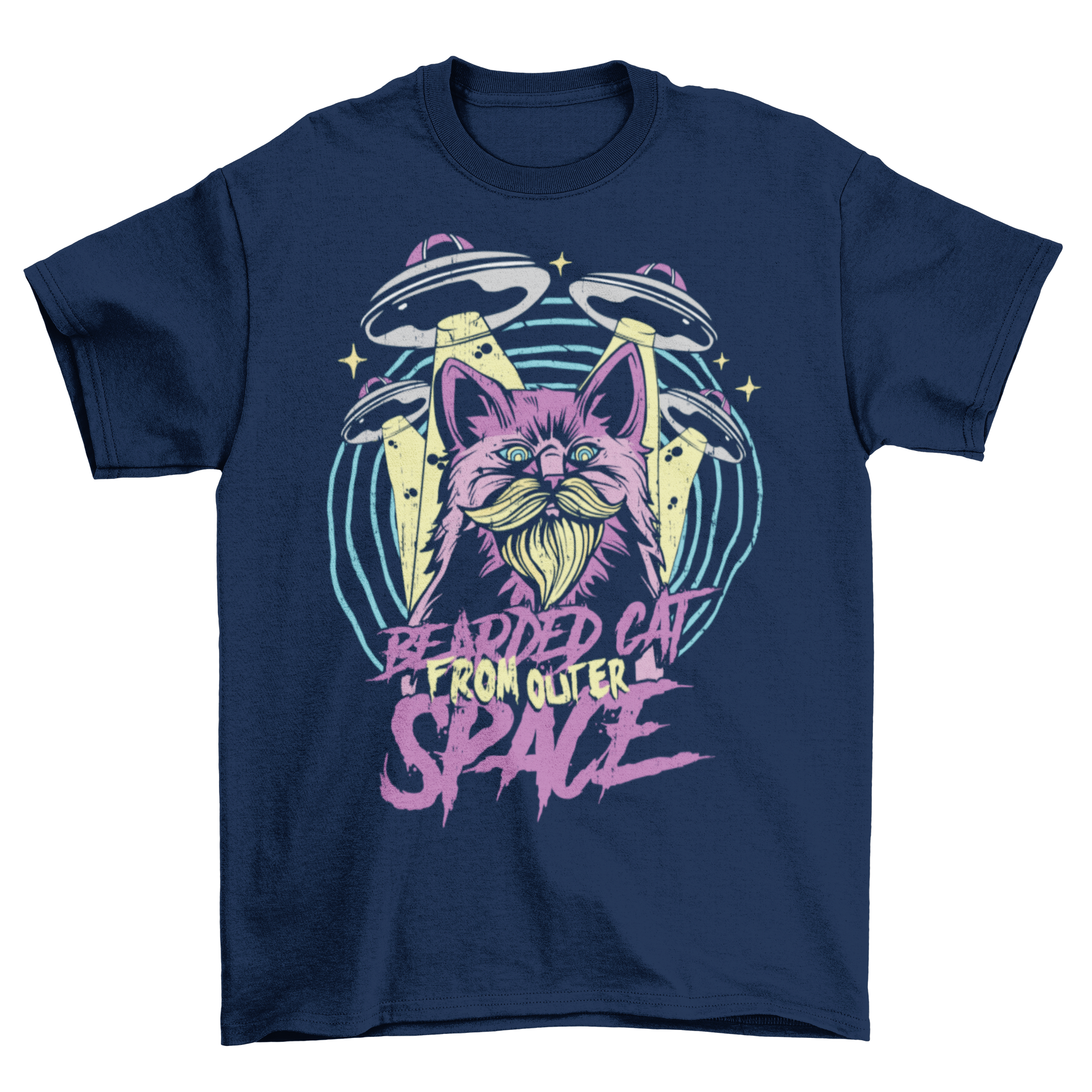 Navy t-shirt with a bearded cat in outer space with UFO's with text "BEARDED CAT FROM OUTER SPACE".