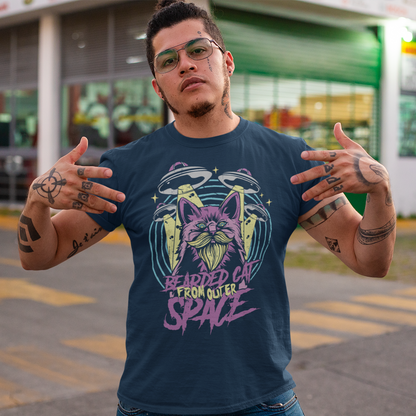 Prepare to embark on a cosmic adventure with our remarkable t-shirt featuring a bearded cat in outer space, accompanied by UFOs. This extraordinary design blends whimsy, imagination, and a touch of mystery, creating a visual feast for the eyes. At the center of the design, a majestic bearded cat takes on an otherworldly presence, its fur flowing like cosmic clouds. The cat's gaze is fixed on the vastness of space, exuding an air of curiosity and wonder.
