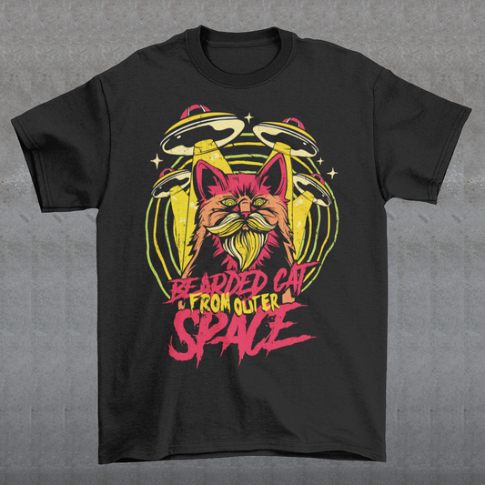 Prepare to embark on a cosmic adventure with our remarkable t-shirt featuring a bearded cat in outer space, accompanied by UFOs. This extraordinary design blends whimsy, imagination, and a touch of mystery, creating a visual feast for the eyes. At the center of the design, a majestic bearded cat takes on an otherworldly presence, its fur flowing like cosmic clouds. The cat's gaze is fixed on the vastness of space, exuding an air of curiosity and wonder.