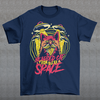 Prepare to embark on a cosmic adventure with our remarkable t-shirt featuring a bearded cat in outer space, accompanied by UFOs. This extraordinary design blends whimsy, imagination, and a touch of mystery, creating a visual feast for the eyes. At the center of the design, a majestic bearded cat takes on an otherworldly presence, its fur flowing like cosmic clouds. The cat's gaze is fixed on the vastness of space, exuding an air of curiosity and wonder.