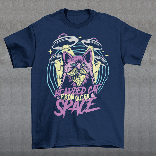 Prepare to embark on a cosmic adventure with our remarkable t-shirt featuring a bearded cat in outer space, accompanied by UFOs. This extraordinary design blends whimsy, imagination, and a touch of mystery, creating a visual feast for the eyes. At the center of the design, a majestic bearded cat takes on an otherworldly presence, its fur flowing like cosmic clouds. The cat's gaze is fixed on the vastness of space, exuding an air of curiosity and wonder.