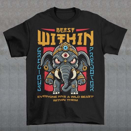 Unleash your wild side with this bold and mystical "BEAST WITHIN" t-shirt. Featuring a uniquely illustrated elephant—wide-eyed, wild-furred, and rocking a glowing third eye—this design merges urban grit with spiritual chaos. Whether you're into cryptids, chaos magic, or just love a good trash mammal, this shirt speaks to the primal energy lurking beneath the surface.