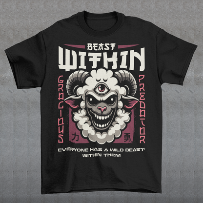 Unleash your wild side with this bold and mystical "BEAST WITHIN" t-shirt. Featuring a uniquely illustrated sheep—wide-eyed, wild-furred, and rocking a glowing third eye—this design merges urban grit with spiritual chaos. Whether you're into cryptids, chaos magic, or just love a good trash mammal, this shirt speaks to the primal energy lurking beneath the surface.