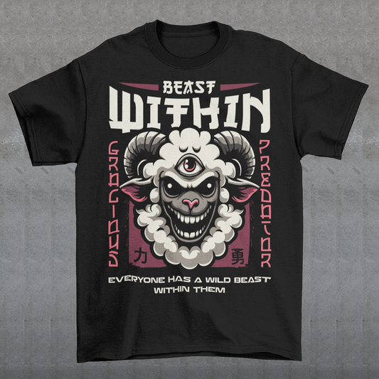 Unleash your wild side with this bold and mystical "BEAST WITHIN" t-shirt. Featuring a uniquely illustrated sheep—wide-eyed, wild-furred, and rocking a glowing third eye—this design merges urban grit with spiritual chaos. Whether you're into cryptids, chaos magic, or just love a good trash mammal, this shirt speaks to the primal energy lurking beneath the surface.