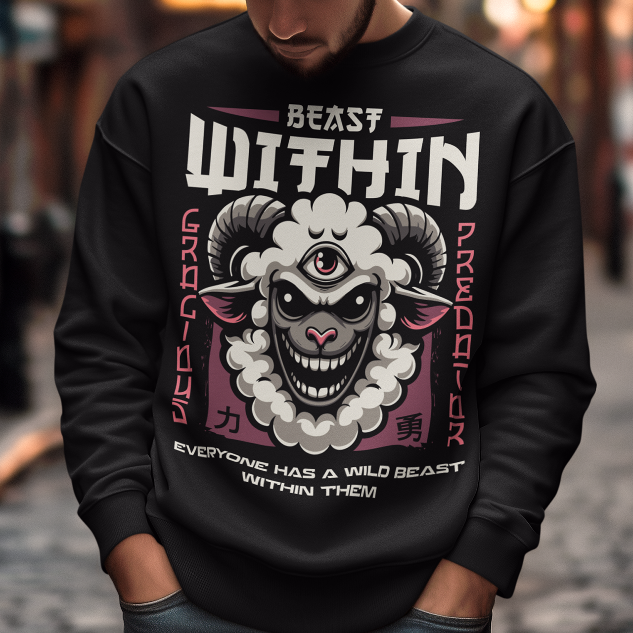 Unleash your wild side with this bold and mystical "BEAST WITHIN" t-shirt. Featuring a uniquely illustrated sheep—wide-eyed, wild-furred, and rocking a glowing third eye—this design merges urban grit with spiritual chaos. Whether you're into cryptids, chaos magic, or just love a good trash mammal, this shirt speaks to the primal energy lurking beneath the surface.
