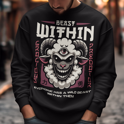 Unleash your wild side with this bold and mystical "BEAST WITHIN" t-shirt. Featuring a uniquely illustrated sheep—wide-eyed, wild-furred, and rocking a glowing third eye—this design merges urban grit with spiritual chaos. Whether you're into cryptids, chaos magic, or just love a good trash mammal, this shirt speaks to the primal energy lurking beneath the surface.