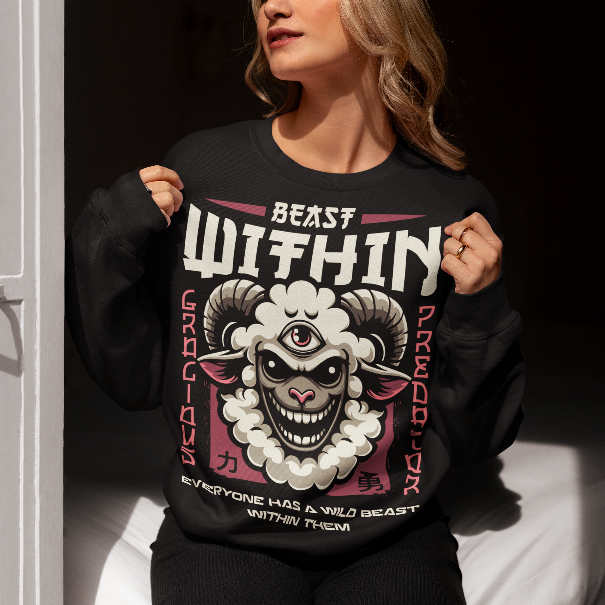 Unleash your wild side with this bold and mystical "BEAST WITHIN" t-shirt. Featuring a uniquely illustrated sheep—wide-eyed, wild-furred, and rocking a glowing third eye—this design merges urban grit with spiritual chaos. Whether you're into cryptids, chaos magic, or just love a good trash mammal, this shirt speaks to the primal energy lurking beneath the surface.
