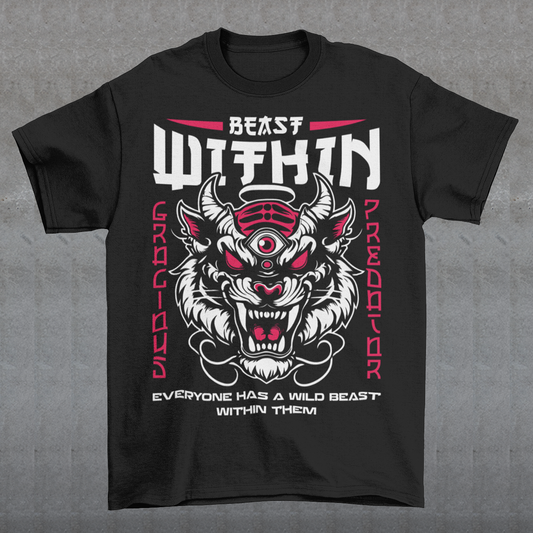 Introducing our captivating and empowering "Beast Within" Tiger Head T-Shirt – a fearless expression of strength and courage that's bound to make a bold statement. Crafted for those who embrace their inner power, this tee showcases a striking tiger head, capturing the fierce intensity and untamed spirit of this majestic creature. Above the captivating tiger graphic, the words "BEAST WITHIN" stand proudly, serving as a reminder of the untapped potential that resides within each of us.