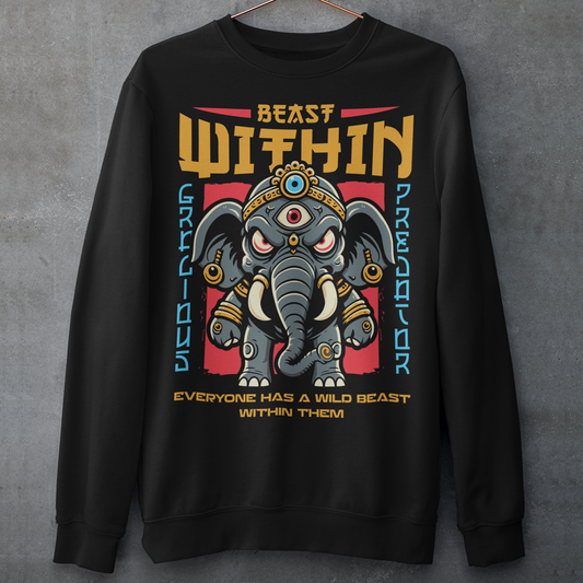 Unleash your wild side with this bold and mystical "BEAST WITHIN" sweatshirt. Featuring a uniquely illustrated elephant—wide-eyed, wild-furred, and rocking a glowing third eye—this design merges urban grit with spiritual chaos. Whether you're into cryptids, chaos magic, or just love a good trash mammal, this shirt speaks to the primal energy lurking beneath the surface.