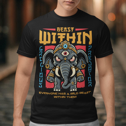 Unleash your wild side with this bold and mystical "BEAST WITHIN" t-shirt. Featuring a uniquely illustrated elephant—wide-eyed, wild-furred, and rocking a glowing third eye—this design merges urban grit with spiritual chaos. Whether you're into cryptids, chaos magic, or just love a good trash mammal, this shirt speaks to the primal energy lurking beneath the surface.